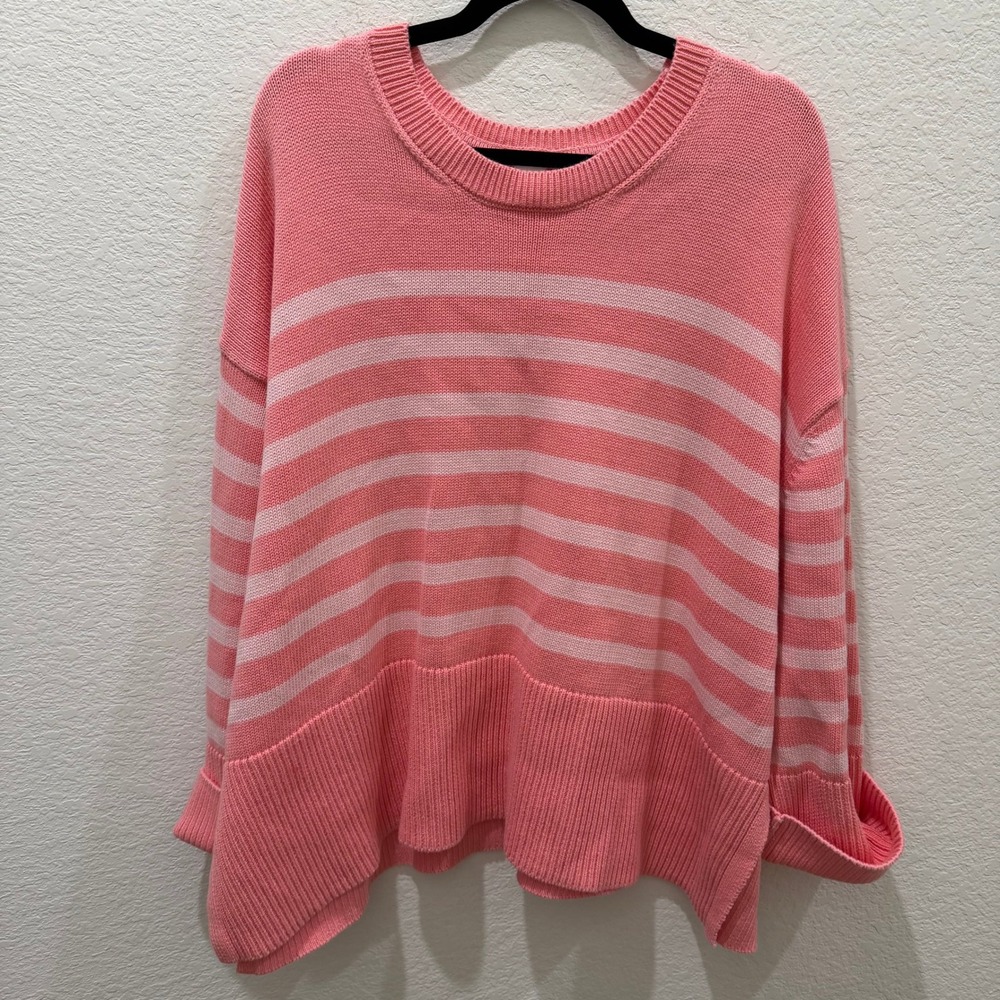 Gap Womens XXL Pink Striped Crewneck Oversized Knit Sweater Side Slits Ribbed